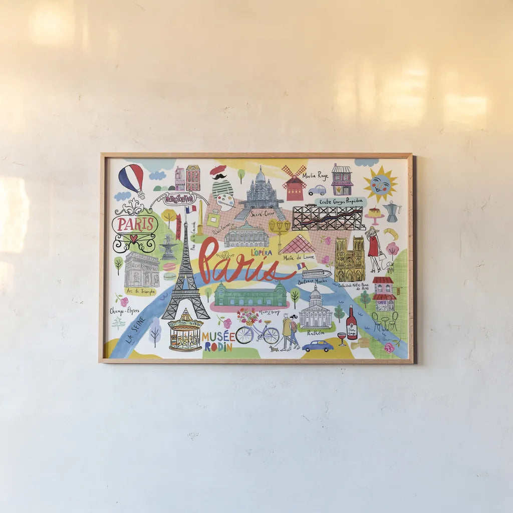Paris Map by Farida Zaman. shown as a paper print in a natural frame. Available as a archival giclee rolled canvas, fine art paper, or poster print. SKU 66625i.