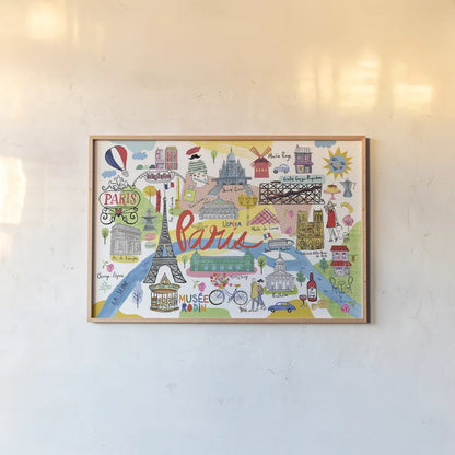 Paris Map by Farida Zaman. shown as a paper print in a natural frame. Available as a archival giclee rolled canvas, fine art paper, or poster print. SKU 66625i.