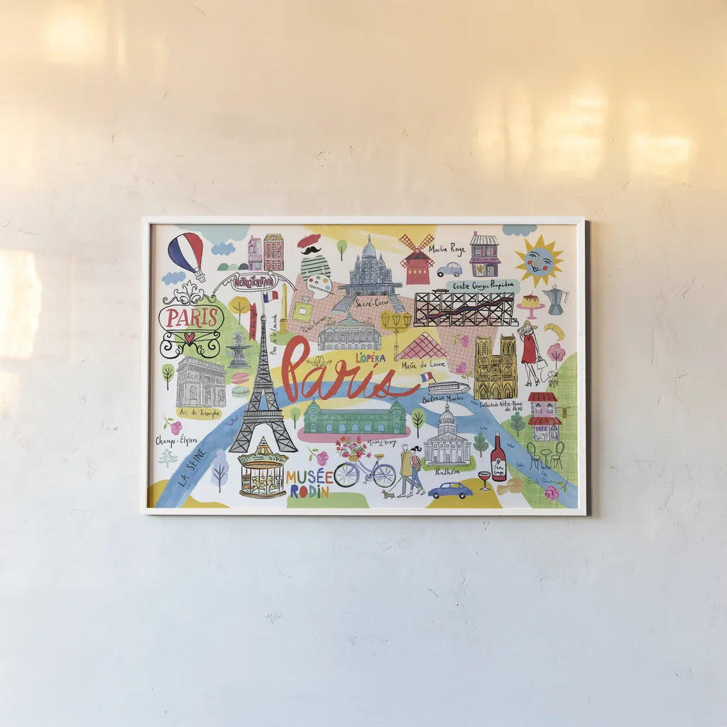 Paris Map by Farida Zaman. shown as a paper print in a white frame. Available as a archival giclee rolled canvas, fine art paper, or poster print. SKU 66625i.