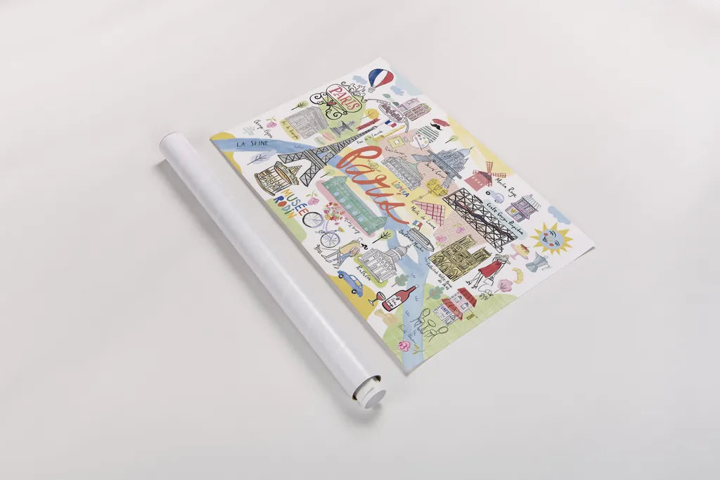 Paris Map Light by Farida Zaman. shown as a rolled paper print. Available as archival giclee rolled canvas, fine art paper, or poster print. SKU 68067i.