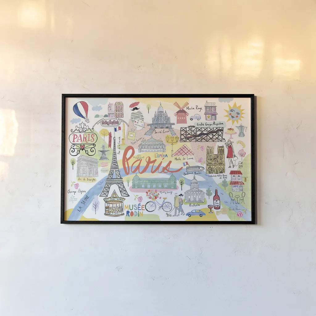 Paris Map Light by Farida Zaman. shown as a paper print in a black flame. Available as a archival giclee rolled canvas, fine art paper, or poster print. SKU 68067i.