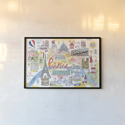 Paris Map Light by Farida Zaman. shown as a paper print in a black flame. Available as a archival giclee rolled canvas, fine art paper, or poster print. SKU 68067i.