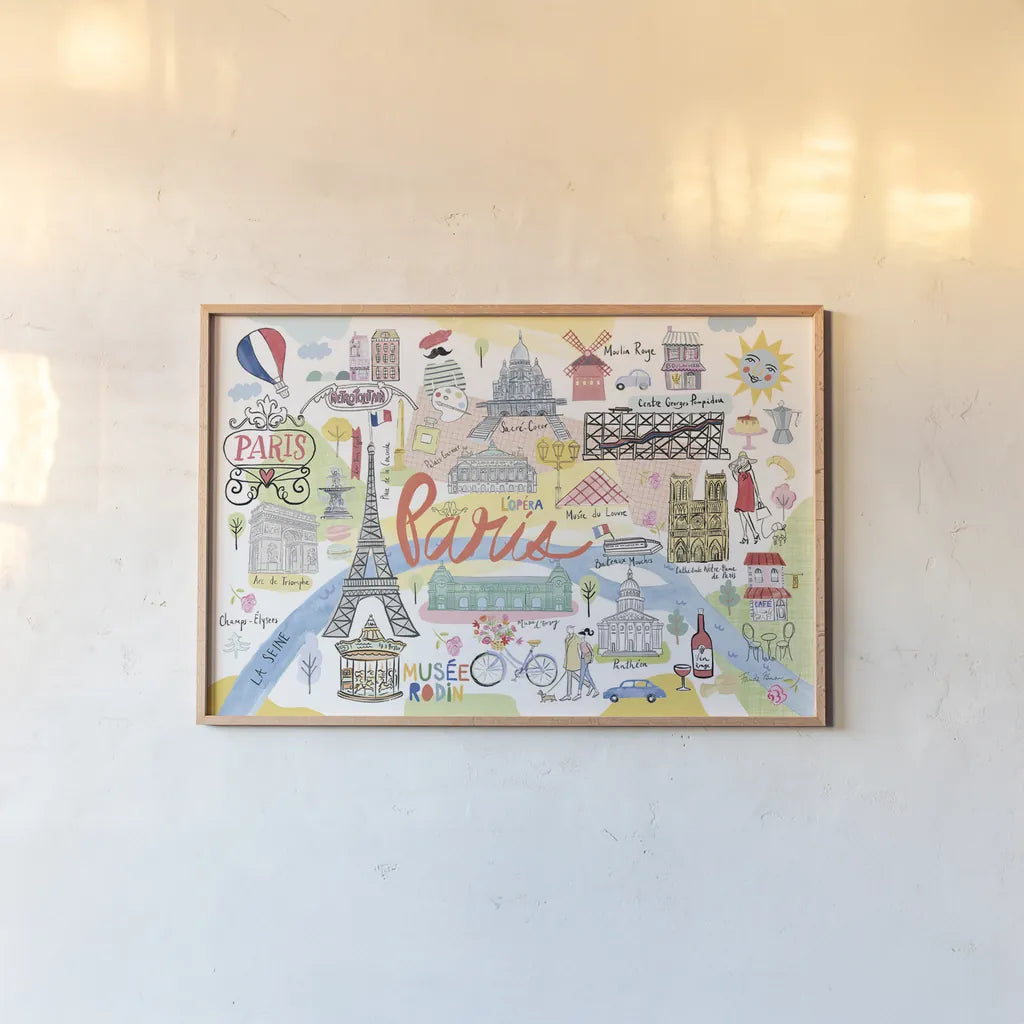 Paris Map Light by Farida Zaman. shown as a paper print in a natural frame. Available as a archival giclee rolled canvas, fine art paper, or poster print. SKU 68067i.