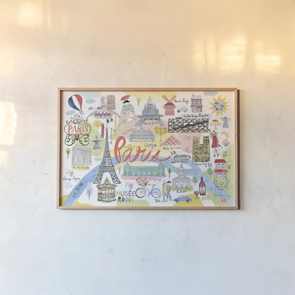 Paris Map Light by Farida Zaman. shown as a paper print in a natural frame. Available as a archival giclee rolled canvas, fine art paper, or poster print. SKU 68067i.