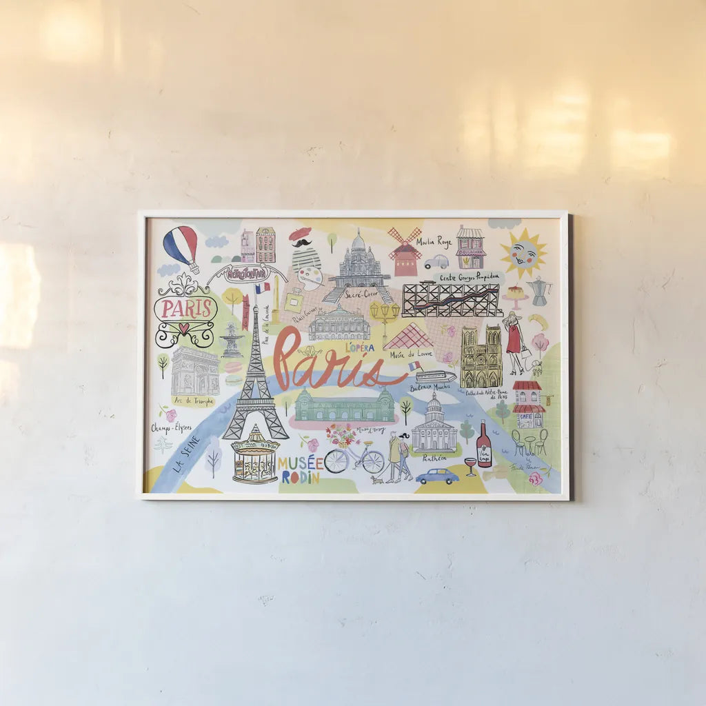 Paris Map Light by Farida Zaman. shown as a paper print in a white frame. Available as a archival giclee rolled canvas, fine art paper, or poster print. SKU 68067i.
