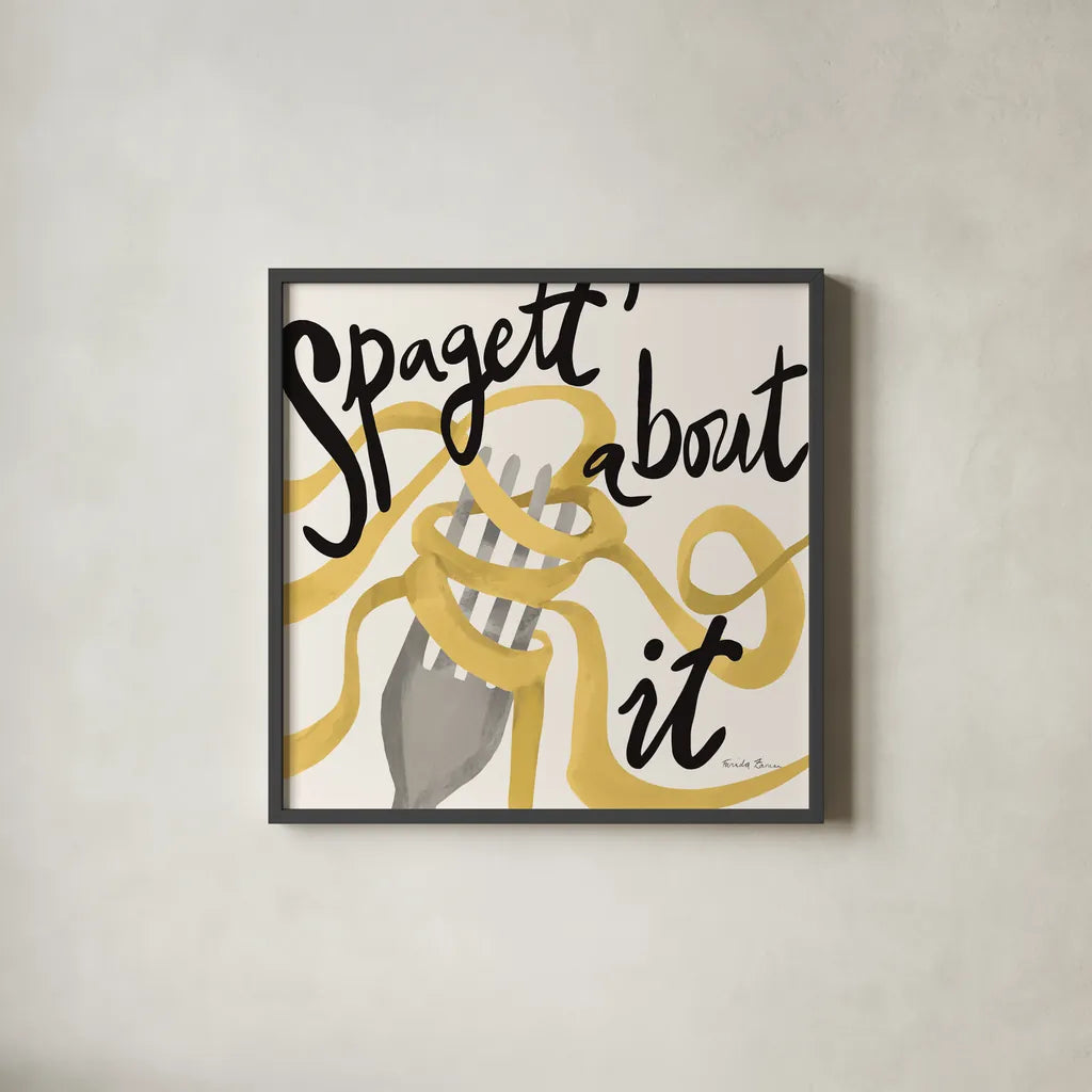 Pasta Italiana IX by Farida Zaman. Shown in a sleek black glass frame for a contemporary gallery look. Available as an archival giclee rolled canvas, fine art paper, or poster print. SKU 90364a.