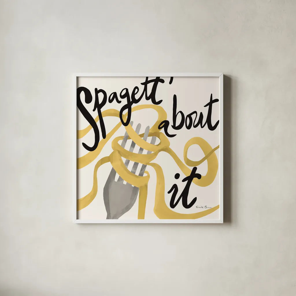 Pasta Italiana IX by Farida Zaman. Shown in a crisp white glass frame for a clean and minimalist style. Available as an archival giclee rolled canvas, fine art paper, or poster print. SKU 90364a.