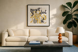 Pasta Italiana IX by Farida Zaman. Displayed in a glass frame with matte in a clean modern living room. Available as an archival giclee rolled canvas, fine art paper, or poster print. SKU 90364a.