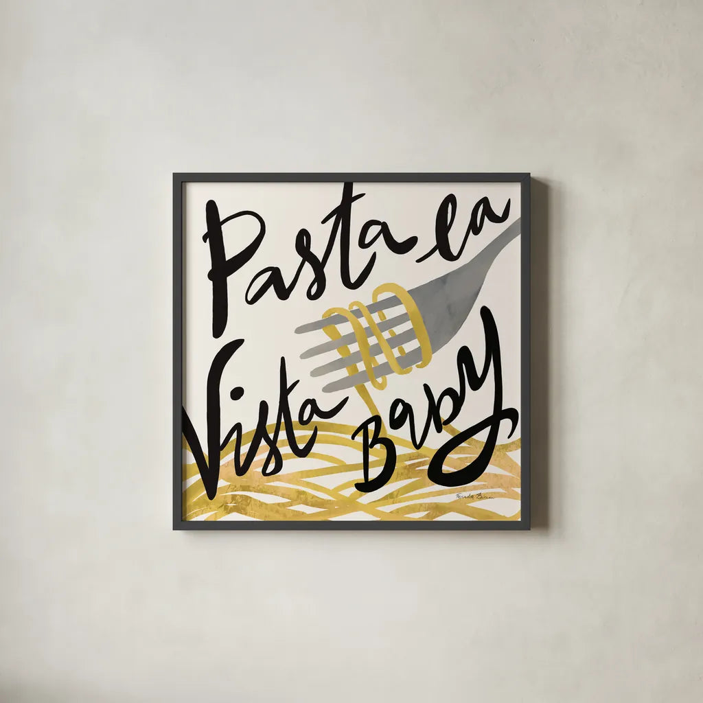 Pasta Italiana VI by Farida Zaman. Shown in a sleek black glass frame for a contemporary gallery look. Available as an archival giclee rolled canvas, fine art paper, or poster print. SKU 90361a.