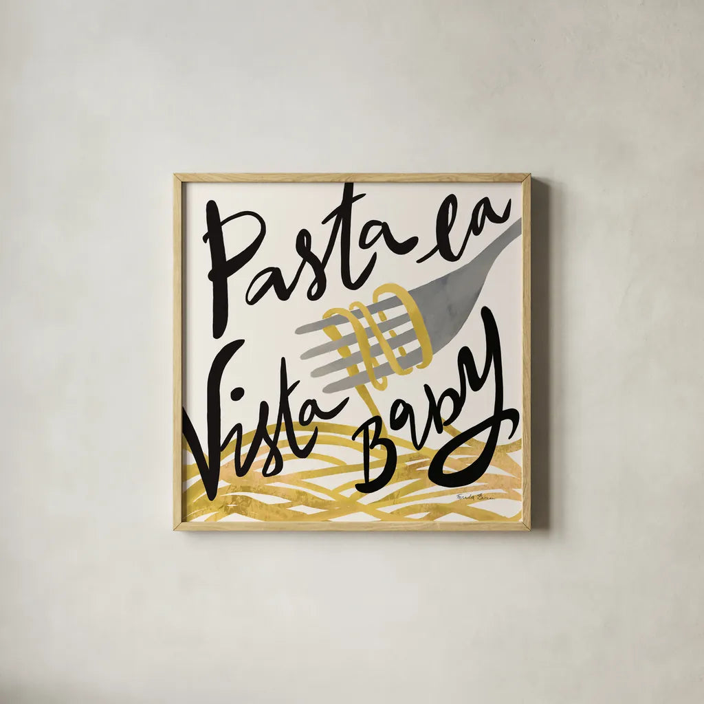 Pasta Italiana VI by Farida Zaman. Shown in a natural wood glass frame for a timeless modern aesthetic. Available as an archival giclee rolled canvas, fine art paper, or poster print. SKU 90361a.