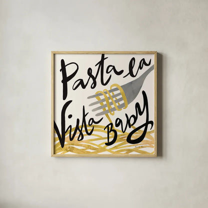 Pasta Italiana VI by Farida Zaman. Shown in a natural wood glass frame for a timeless modern aesthetic. Available as an archival giclee rolled canvas, fine art paper, or poster print. SKU 90361a.