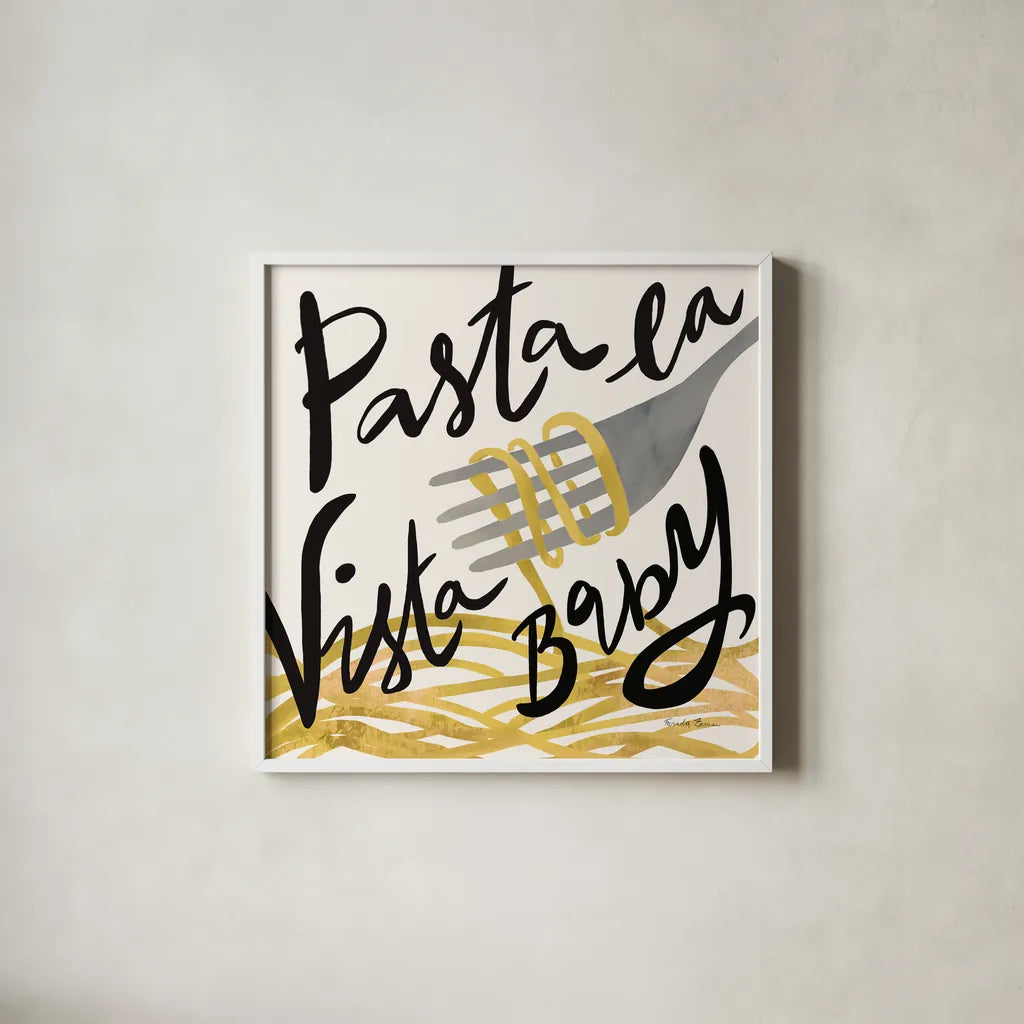 Pasta Italiana VI by Farida Zaman. Shown in a crisp white glass frame for a clean and minimalist style. Available as an archival giclee rolled canvas, fine art paper, or poster print. SKU 90361a.
