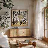 Pasta Italiana VI by Farida Zaman. Shown in a natural wood frame in a cozy modern living room. Available as an archival giclee rolled canvas, fine art paper, or poster print. SKU 90361a.