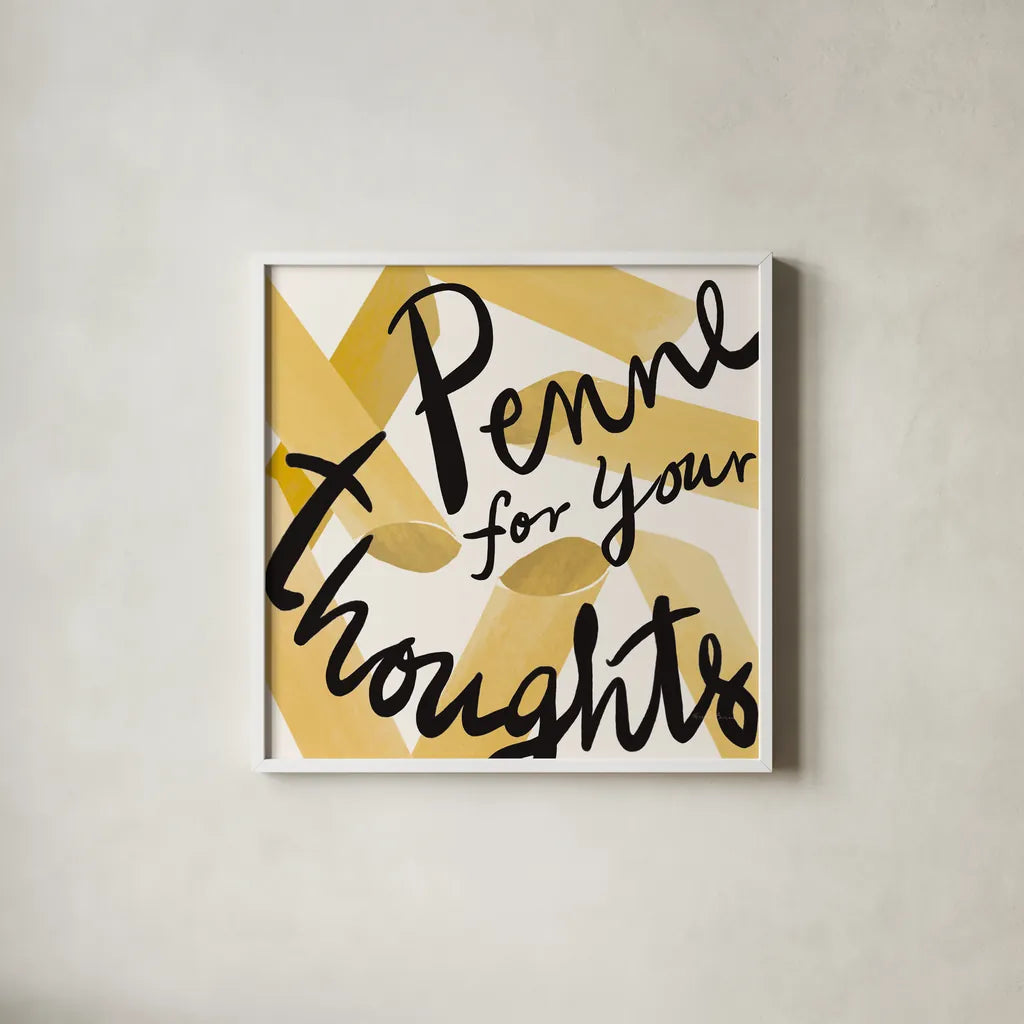 Pasta Italiana VIII by Farida Zaman. Shown in a crisp white glass frame for a clean and minimalist style. Available as an archival giclee rolled canvas, fine art paper, or poster print. SKU 90363a.