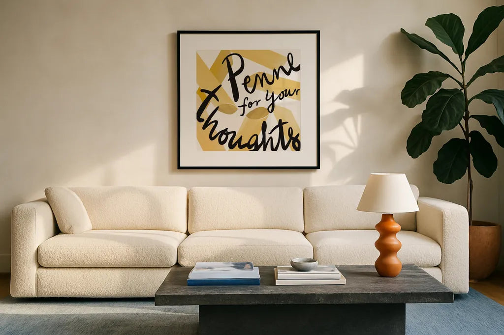 Pasta Italiana VIII by Farida Zaman. Displayed in a glass frame with matte in a clean modern living room. Available as an archival giclee rolled canvas, fine art paper, or poster print. SKU 90363a.