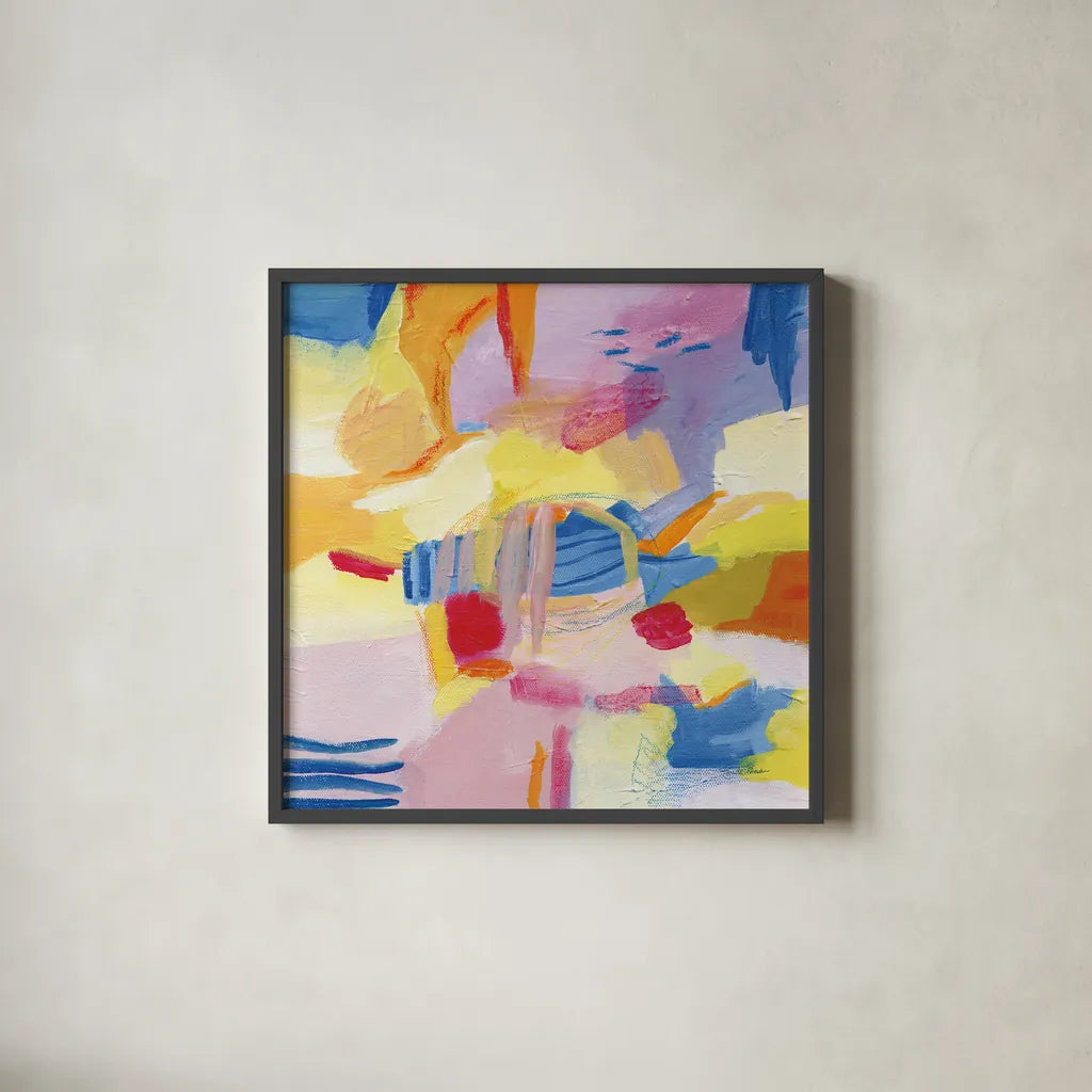 Pastel Shades Abstract by Farida Zaman. Shown in a sleek black glass frame for a contemporary gallery look. Available as an archival giclee rolled canvas, fine art paper, or poster print. SKU 68057a.