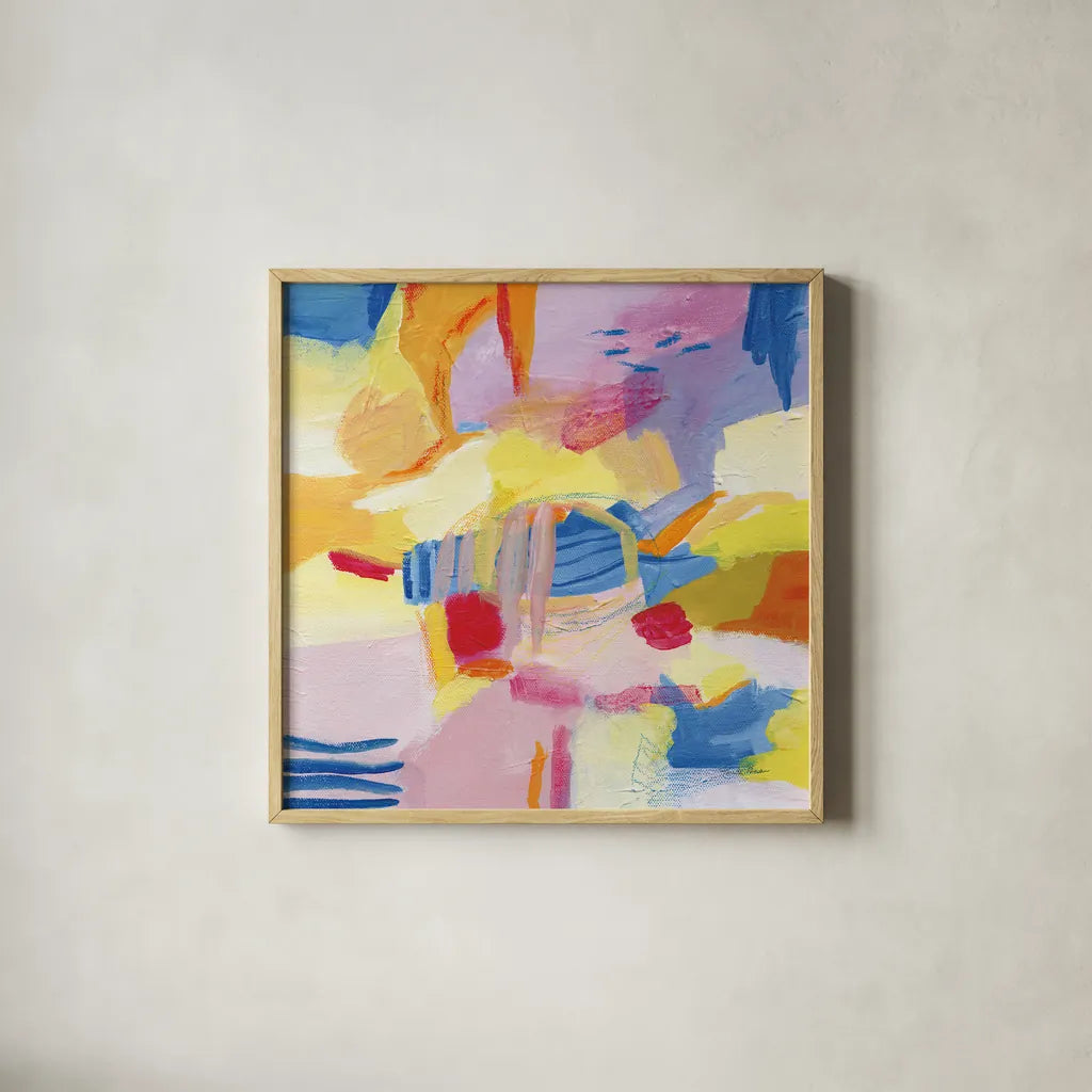 Pastel Shades Abstract by Farida Zaman. Shown in a natural wood glass frame for a timeless modern aesthetic. Available as an archival giclee rolled canvas, fine art paper, or poster print. SKU 68057a.