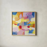 Pastel Shades Abstract by Farida Zaman. Shown in a natural wood glass frame for a timeless modern aesthetic. Available as an archival giclee rolled canvas, fine art paper, or poster print. SKU 68057a.