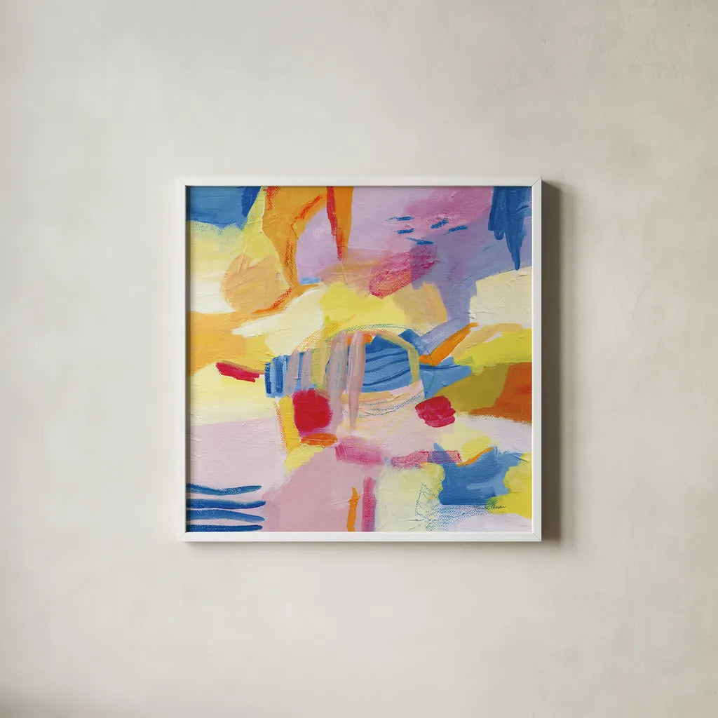 Pastel Shades Abstract by Farida Zaman. Shown in a crisp white glass frame for a clean and minimalist style. Available as an archival giclee rolled canvas, fine art paper, or poster print. SKU 68057a.