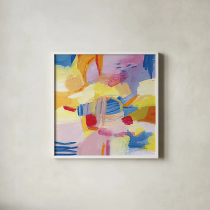 Pastel Shades Abstract by Farida Zaman. Shown in a crisp white glass frame for a clean and minimalist style. Available as an archival giclee rolled canvas, fine art paper, or poster print. SKU 68057a.