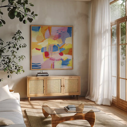 Pastel Shades Abstract by Farida Zaman. Shown in a natural wood frame in a cozy modern living room. Available as an archival giclee rolled canvas, fine art paper, or poster print. SKU 68057a.