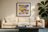 Pastel Shades Abstract by Farida Zaman. Displayed in a glass frame with matte in a clean modern living room. Available as an archival giclee rolled canvas, fine art paper, or poster print. SKU 68057a.