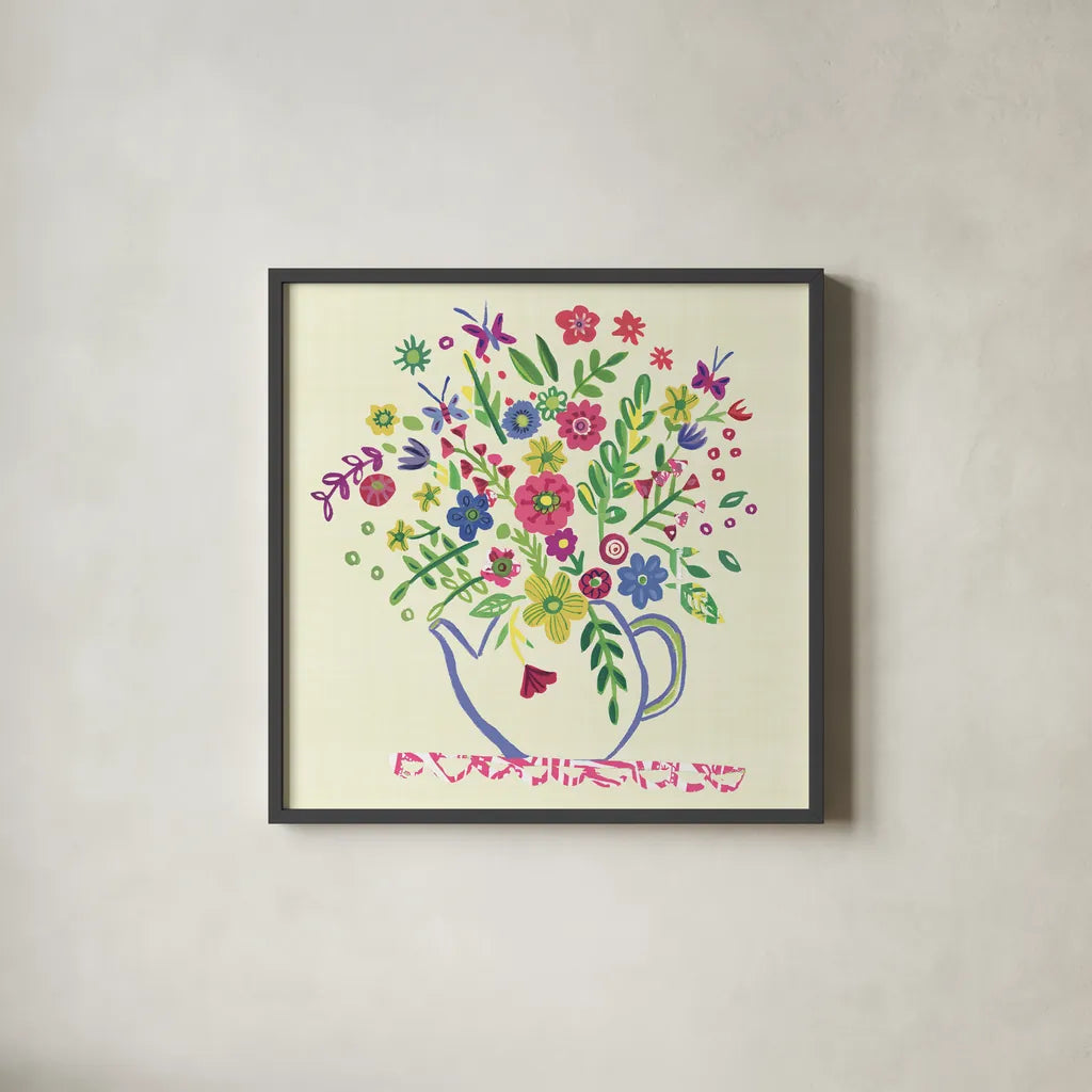 Pastel Summer Florals II by Farida Zaman. Shown in a sleek black glass frame for a contemporary gallery look. Available as an archival giclee rolled canvas, fine art paper, or poster print. SKU 33056a.