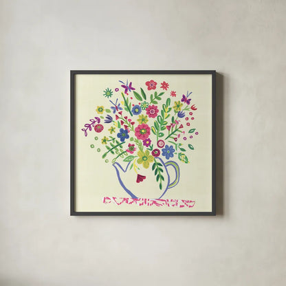 Pastel Summer Florals II by Farida Zaman. Shown in a sleek black glass frame for a contemporary gallery look. Available as an archival giclee rolled canvas, fine art paper, or poster print. SKU 33056a.