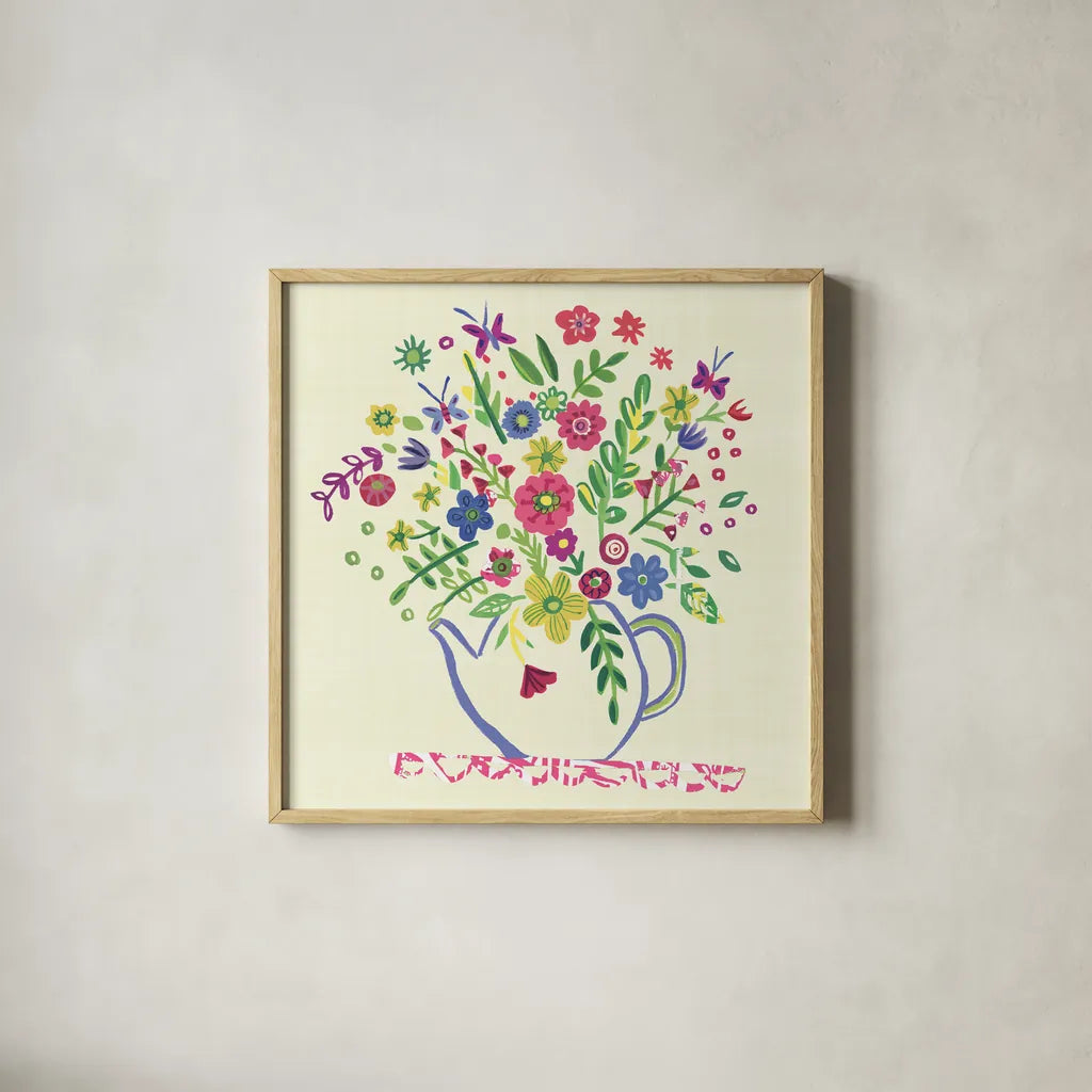 Pastel Summer Florals II by Farida Zaman. Shown in a natural wood glass frame for a timeless modern aesthetic. Available as an archival giclee rolled canvas, fine art paper, or poster print. SKU 33056a.