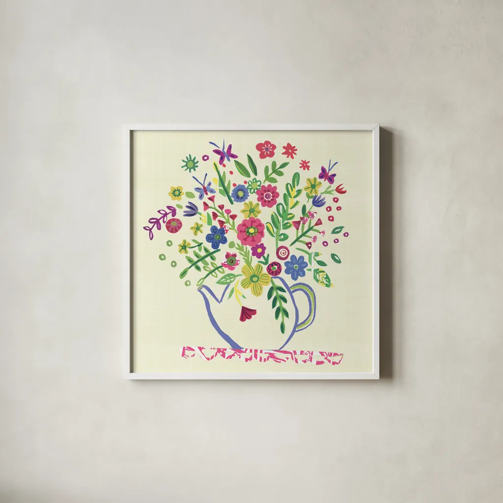 Pastel Summer Florals II by Farida Zaman. Shown in a crisp white glass frame for a clean and minimalist style. Available as an archival giclee rolled canvas, fine art paper, or poster print. SKU 33056a.