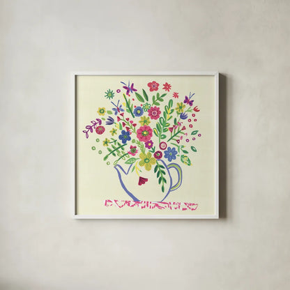 Pastel Summer Florals II by Farida Zaman. Shown in a crisp white glass frame for a clean and minimalist style. Available as an archival giclee rolled canvas, fine art paper, or poster print. SKU 33056a.