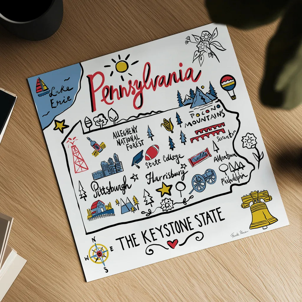 Pennsylvania by Farida Zaman. Shown as a detailed flat fine art print, highlighting archival giclee quality. Available as an archival giclee rolled canvas, fine art paper, or poster print. SKU 87830a.