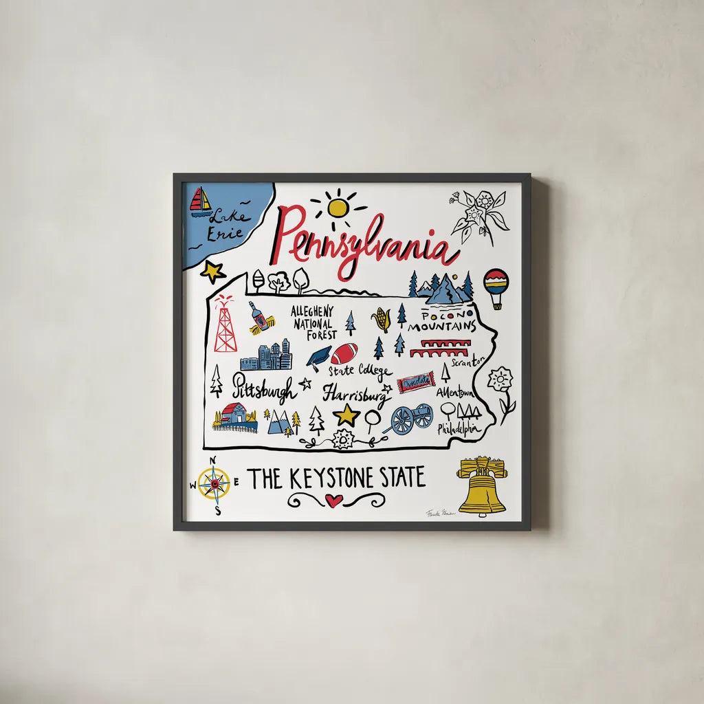 Pennsylvania by Farida Zaman. Shown in a sleek black glass frame for a contemporary gallery look. Available as an archival giclee rolled canvas, fine art paper, or poster print. SKU 87830a.