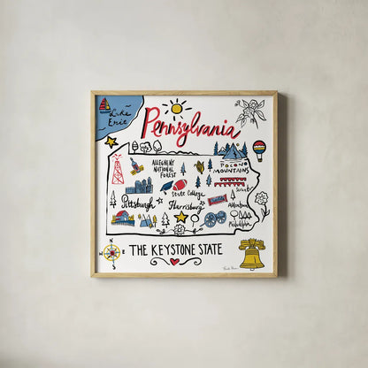 Pennsylvania by Farida Zaman. Shown in a natural wood glass frame for a timeless modern aesthetic. Available as an archival giclee rolled canvas, fine art paper, or poster print. SKU 87830a.