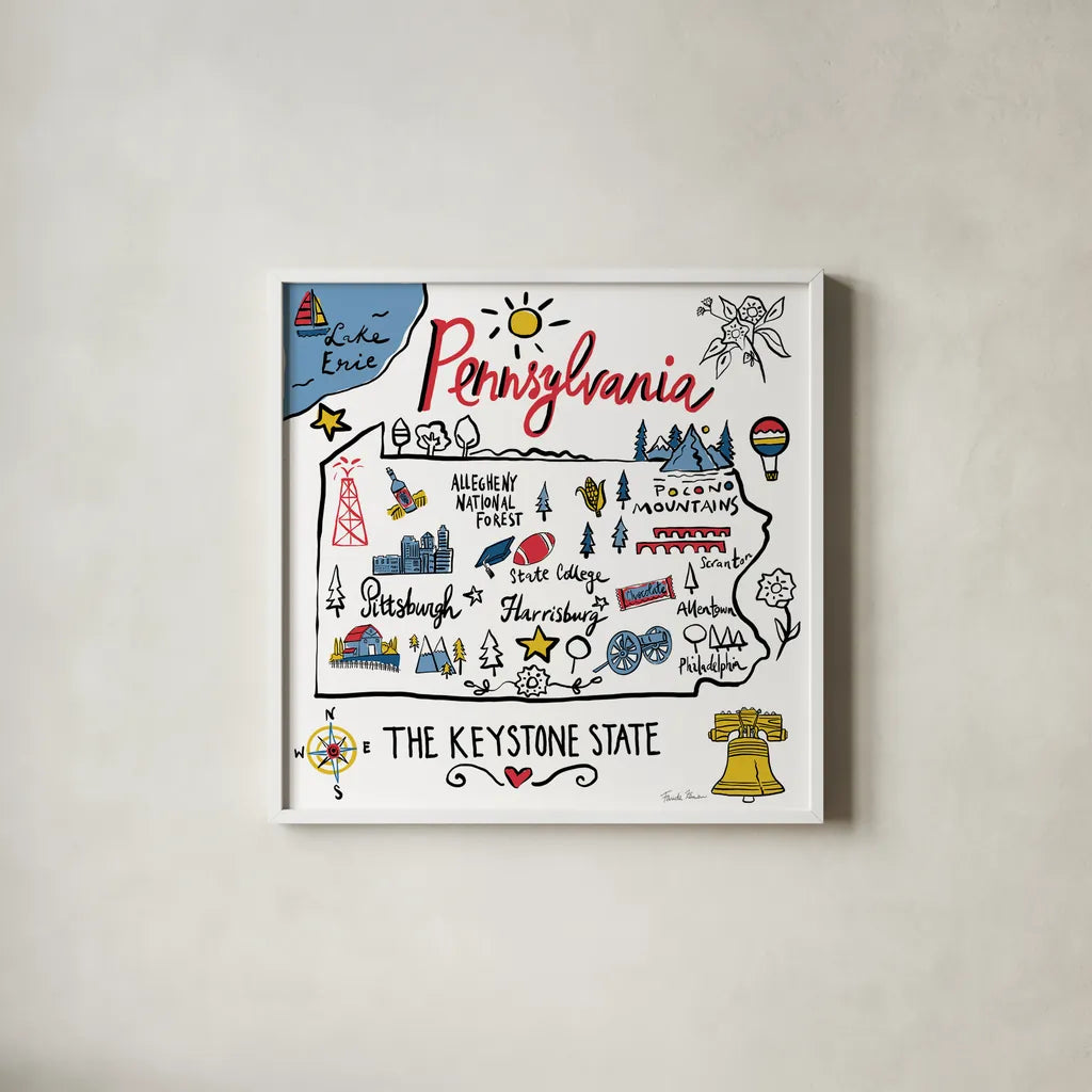 Pennsylvania by Farida Zaman. Shown in a crisp white glass frame for a clean and minimalist style. Available as an archival giclee rolled canvas, fine art paper, or poster print. SKU 87830a.