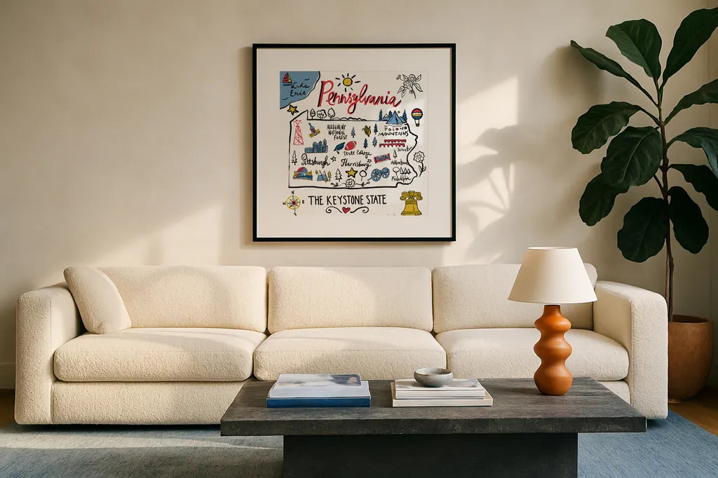 Pennsylvania by Farida Zaman. Displayed in a glass frame with matte in a clean modern living room. Available as an archival giclee rolled canvas, fine art paper, or poster print. SKU 87830a.