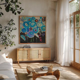Picasso Vibe by Farida Zaman. Shown in a natural wood frame in a cozy modern living room. Available as an archival giclee rolled canvas, fine art paper, or poster print. SKU 38703a.
