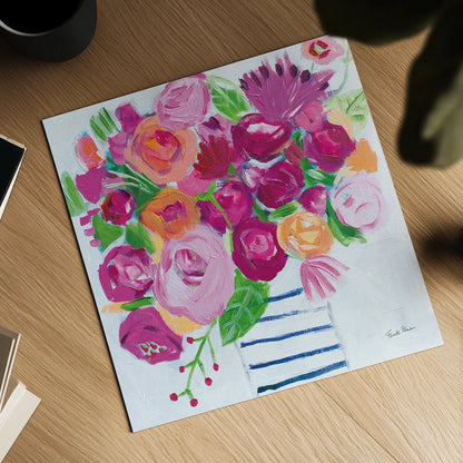 Pink Blossoms I by Farida Zaman. Shown as a detailed flat fine art print, highlighting archival giclee quality. Available as an archival giclee rolled canvas, fine art paper, or poster print. SKU 60942a.