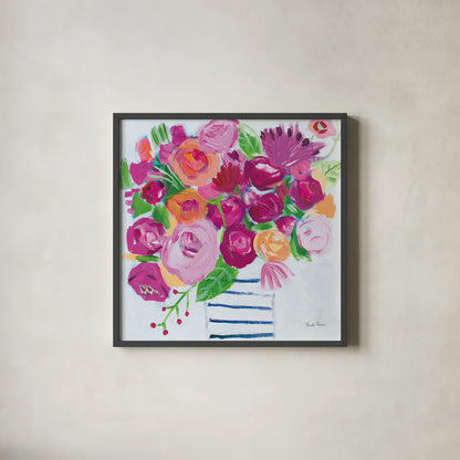 Pink Blossoms I by Farida Zaman. Shown in a sleek black glass frame for a contemporary gallery look. Available as an archival giclee rolled canvas, fine art paper, or poster print. SKU 60942a.