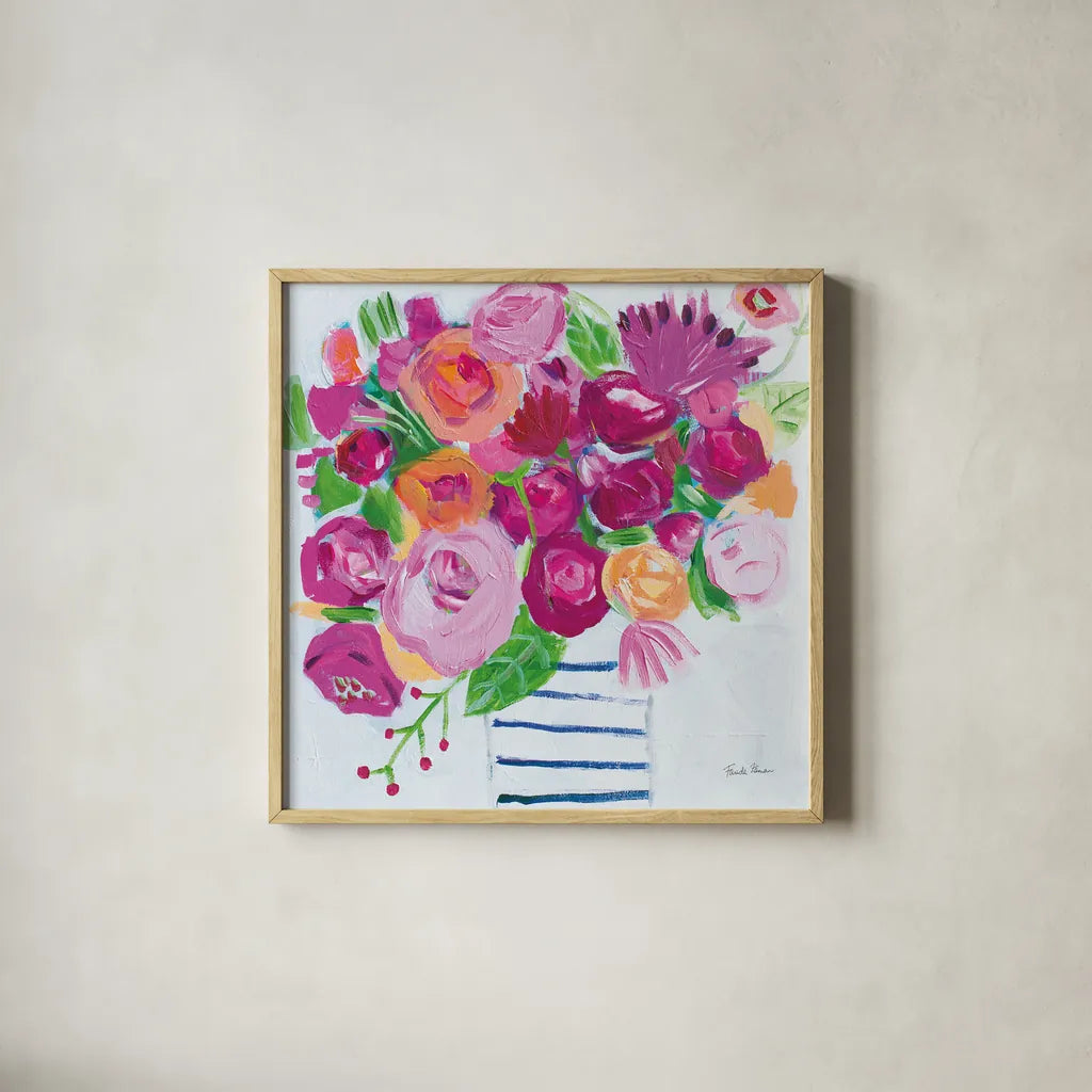 Pink Blossoms I by Farida Zaman. Shown in a natural wood glass frame for a timeless modern aesthetic. Available as an archival giclee rolled canvas, fine art paper, or poster print. SKU 60942a.