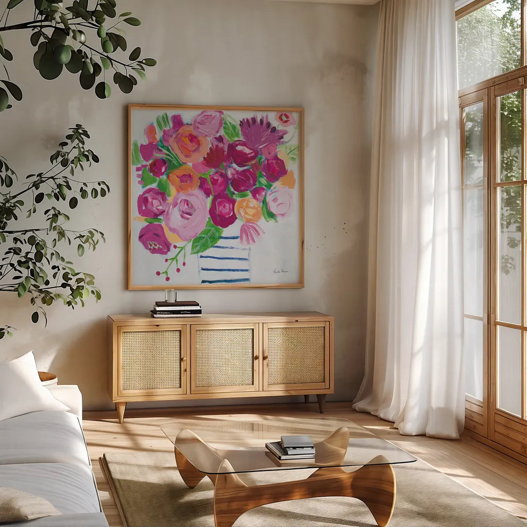 Pink Blossoms I by Farida Zaman. Shown in a natural wood frame in a cozy modern living room. Available as an archival giclee rolled canvas, fine art paper, or poster print. SKU 60942a.