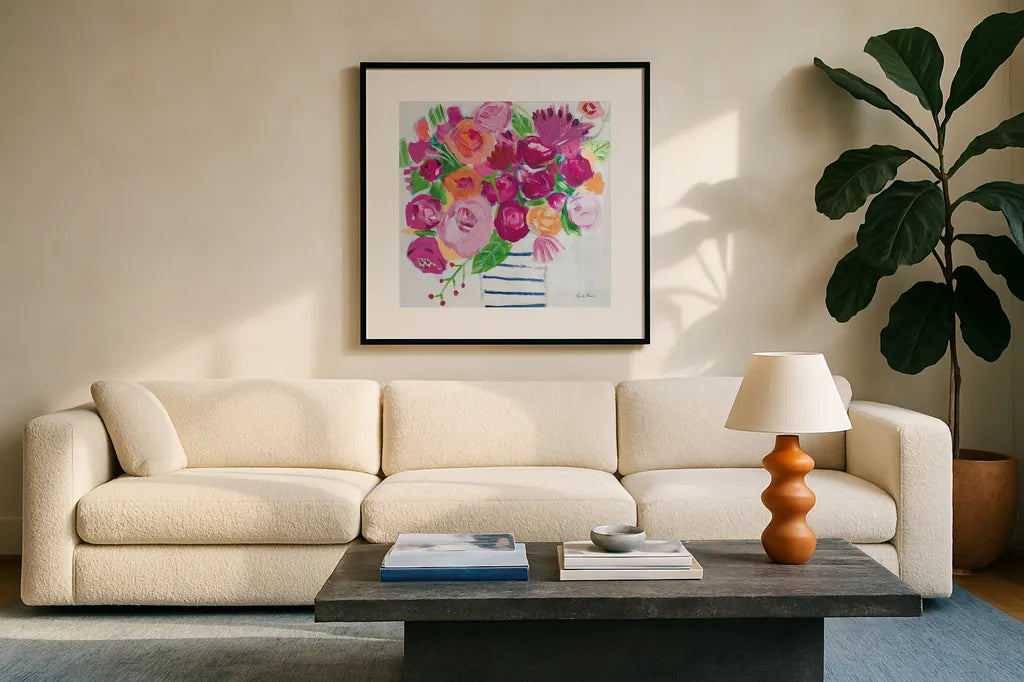 Pink Blossoms I by Farida Zaman. Displayed in a glass frame with matte in a clean modern living room. Available as an archival giclee rolled canvas, fine art paper, or poster print. SKU 60942a.