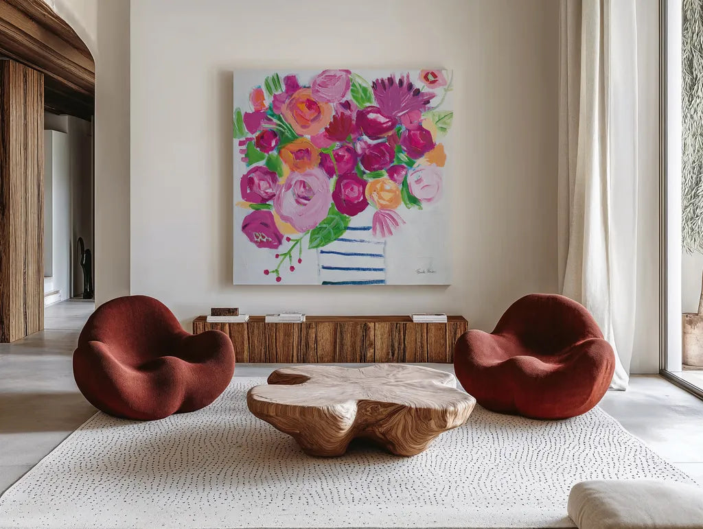 Pink Blossoms I by Farida Zaman. Shown as extra-large giant wall art in a modern living room. Available as an archival giclee rolled canvas, fine art paper, or poster print. SKU 60942a.