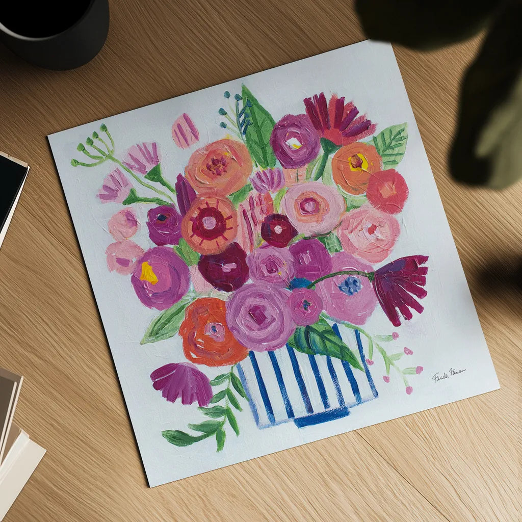 Pink Blossoms II by Farida Zaman. Shown as a detailed flat fine art print, highlighting archival giclee quality. Available as an archival giclee rolled canvas, fine art paper, or poster print. SKU 60943a.