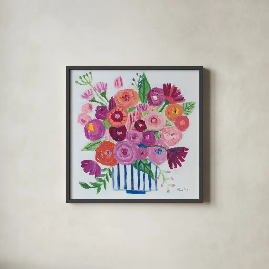 Pink Blossoms II by Farida Zaman. Shown in a sleek black glass frame for a contemporary gallery look. Available as an archival giclee rolled canvas, fine art paper, or poster print. SKU 60943a.