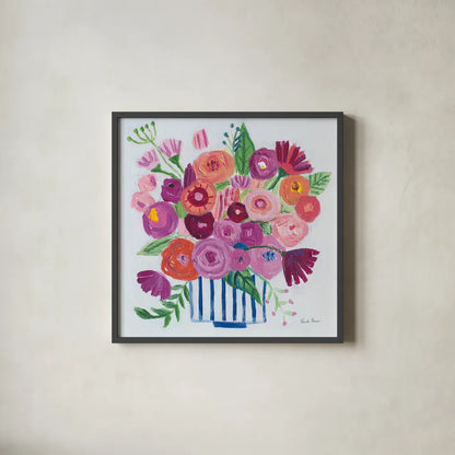 Pink Blossoms II by Farida Zaman. Shown in a sleek black glass frame for a contemporary gallery look. Available as an archival giclee rolled canvas, fine art paper, or poster print. SKU 60943a.