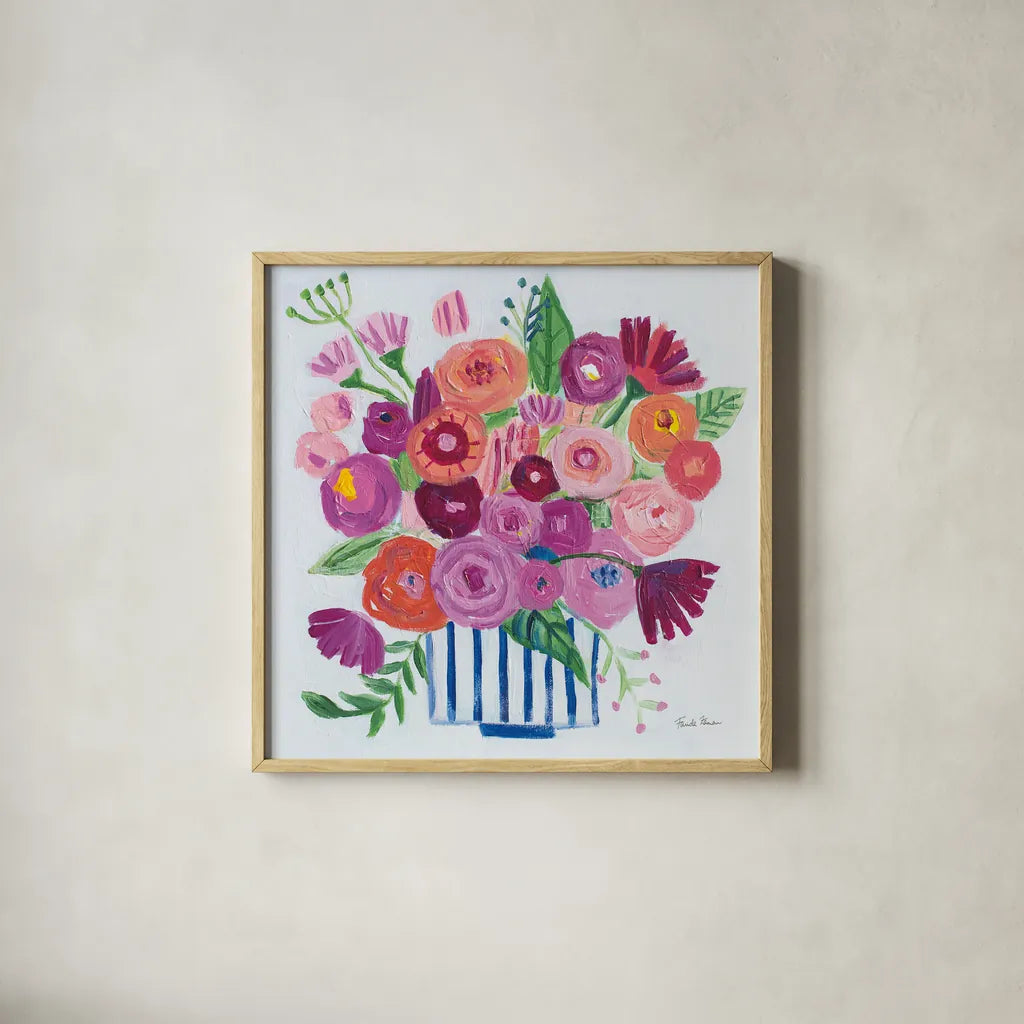 Pink Blossoms II by Farida Zaman. Shown in a natural wood glass frame for a timeless modern aesthetic. Available as an archival giclee rolled canvas, fine art paper, or poster print. SKU 60943a.