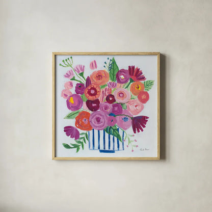 Pink Blossoms II by Farida Zaman. Shown in a natural wood glass frame for a timeless modern aesthetic. Available as an archival giclee rolled canvas, fine art paper, or poster print. SKU 60943a.