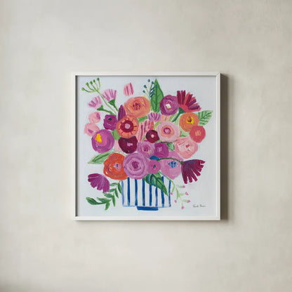 Pink Blossoms II by Farida Zaman. Shown in a crisp white glass frame for a clean and minimalist style. Available as an archival giclee rolled canvas, fine art paper, or poster print. SKU 60943a.