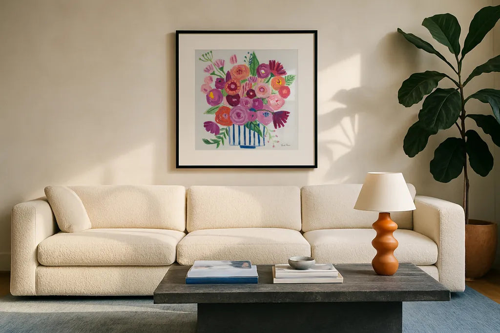 Pink Blossoms II by Farida Zaman. Displayed in a glass frame with matte in a clean modern living room. Available as an archival giclee rolled canvas, fine art paper, or poster print. SKU 60943a.